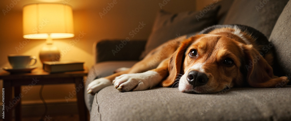 Beagle lying on couch in warm light, realistic illustration Beagle lying on couch in warm light, realistic illustration