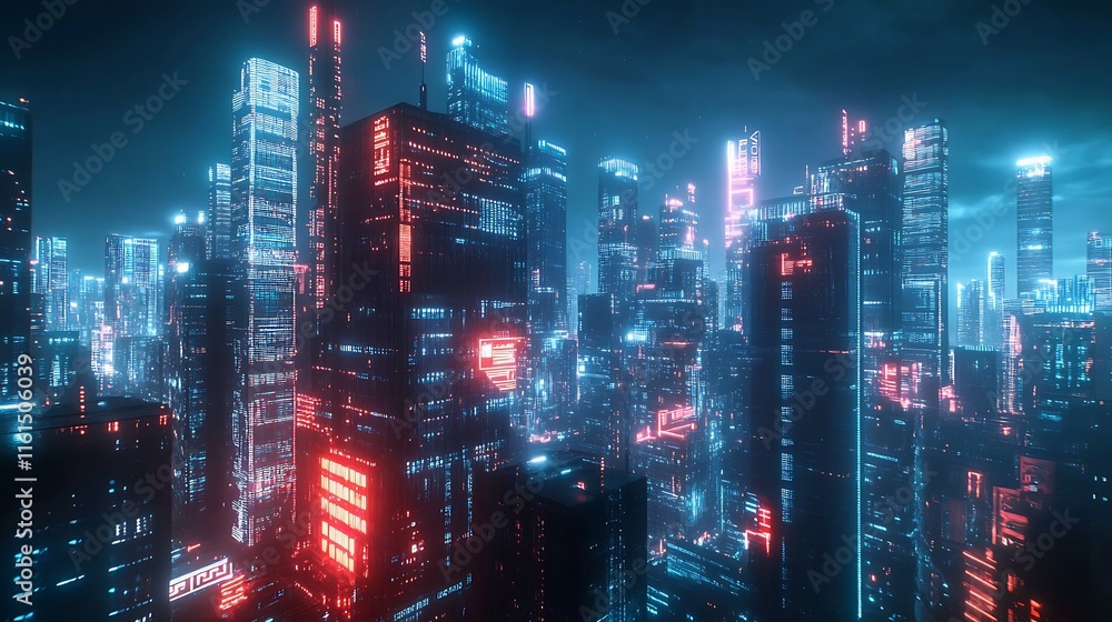 Fototapeta premium Futuristic Cityscape Illuminated By Neon Lights At Night