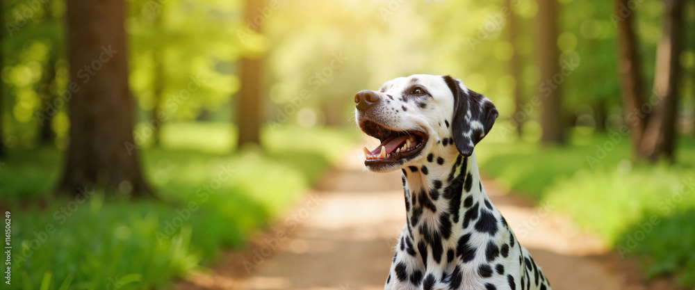 Dalmatian dog smiling in forest path, realistic illustration Dalmatian dog smiling in forest path, realistic illustration