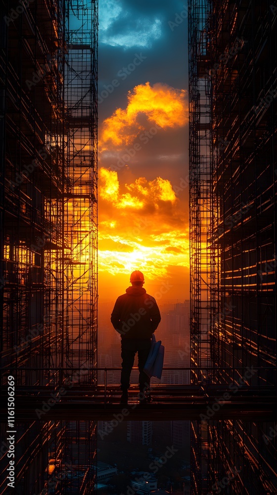 Fototapeta premium Construction Worker Silhouette, Sunset, Scaffolding