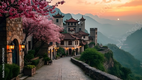 Wallpaper Mural Enchanting Medieval Village at Sunset, Ba Na Hills, Vietnam - AI-Generated Fantasy Landscape Torontodigital.ca