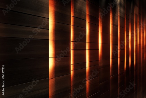 Glowing orange lines on dark wood wall. photo