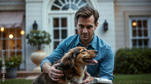 A man pets a brown and white dog outside a large house photo