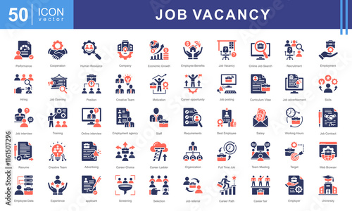 Job Vacancy icon collection set. Containing online job search, requirements, recruiting, employment, human resource management, employee skills, career ladder icon. Simple vector illustration.