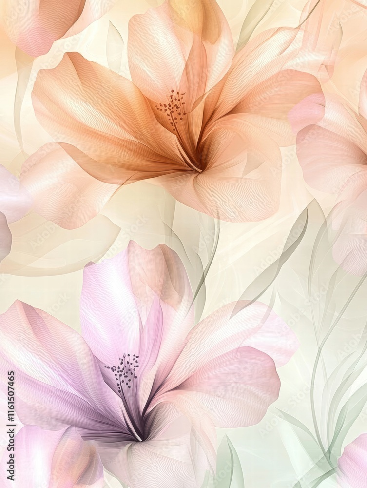 Fototapeta premium Delicate floral pattern featuring soft pastel flowers in gentle hues and flowing leaves. Generative AI