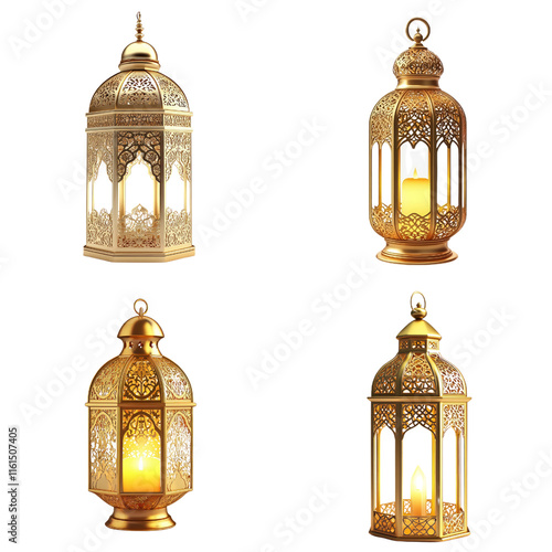 Gold metallic gold ramadan lantern isolated on transparent background.