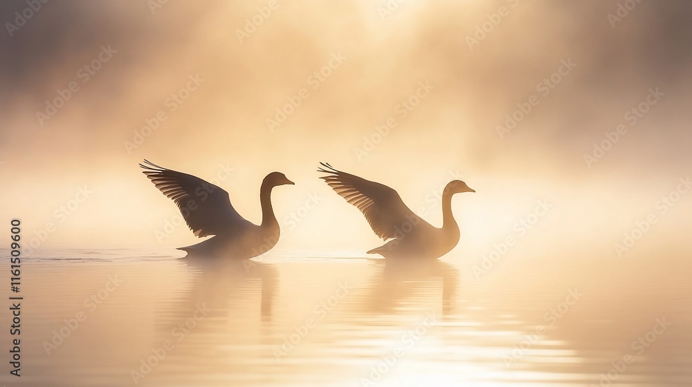 Fototapeta premium Two swans on misty lake at sunrise.