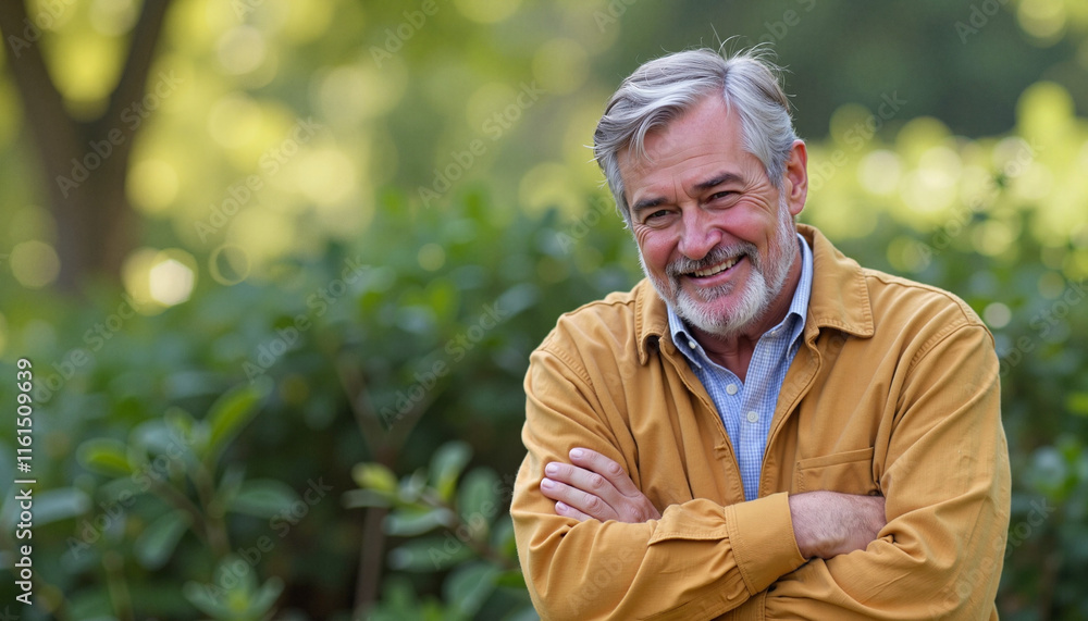 Smiling elderly man in a park, warm smile, casual outfit, nature background Smiling elderly man in a park, warm smile, casual outfit, nature background