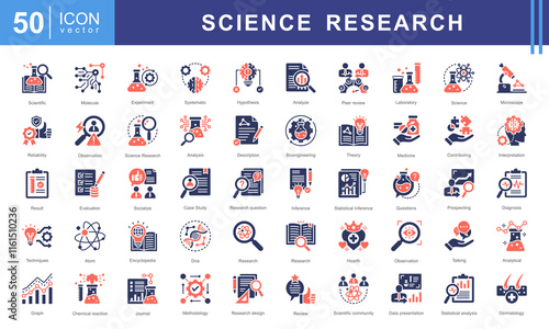 Science Research icon collection set. Containing contributing, systematic, interpretation, evaluation data, planned, scientific studies, socialized icon. Simple vector illustration.