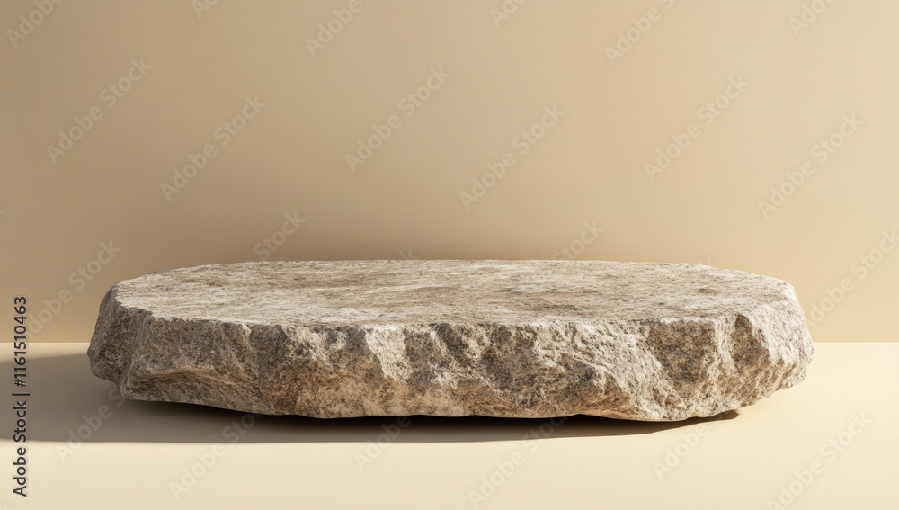 Fototapeta premium Minimalistic stone podium for product presentation, close-up, on a beige background, high-resolution photography.