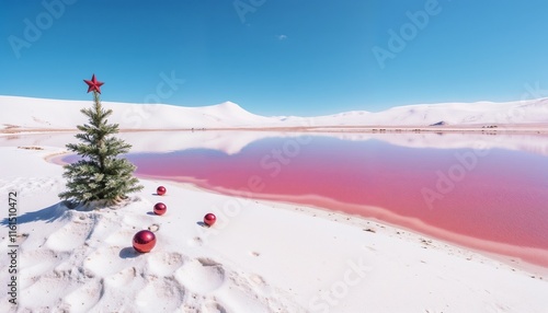 Las Coloradas lakes with vibrant pink waters.  A small decorated Christmas tree placed on the white salt dunes. Clear blue sky and festive ornaments creating a unique holiday atmosphere.