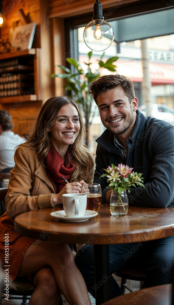 smiling man and woman are seated at a table in a cafe smiling man and woman are seated at a table in a cafe