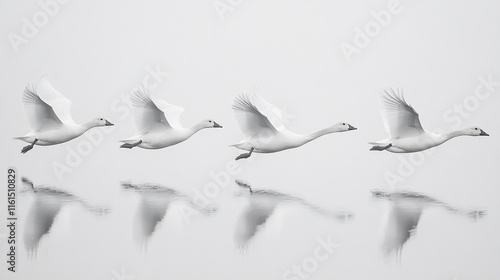 Fototapeta Naklejka Na Ścianę i Meble -  Four swans in flight over calm water, reflected.