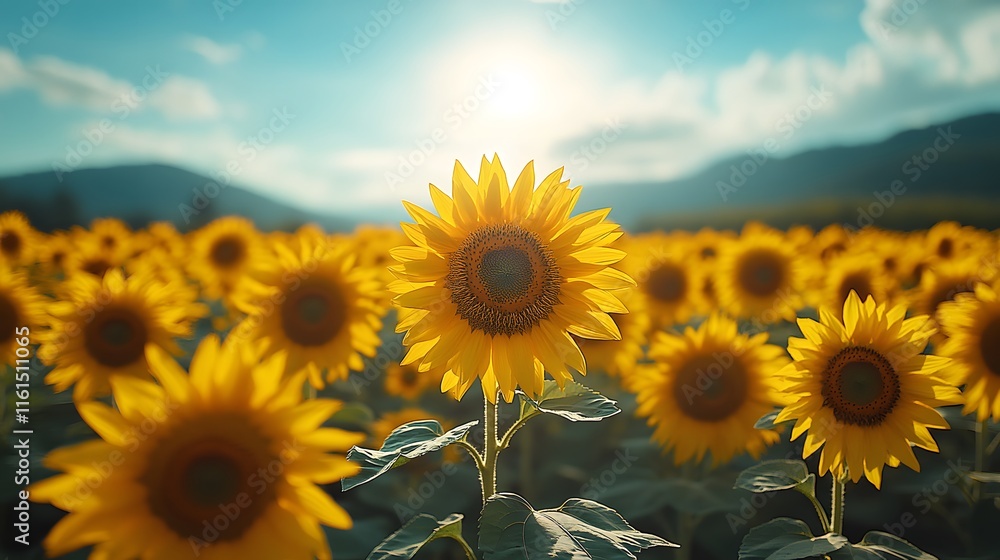 Fototapeta premium Sunflowers Field, Yellow Flowers, Nature Landscape