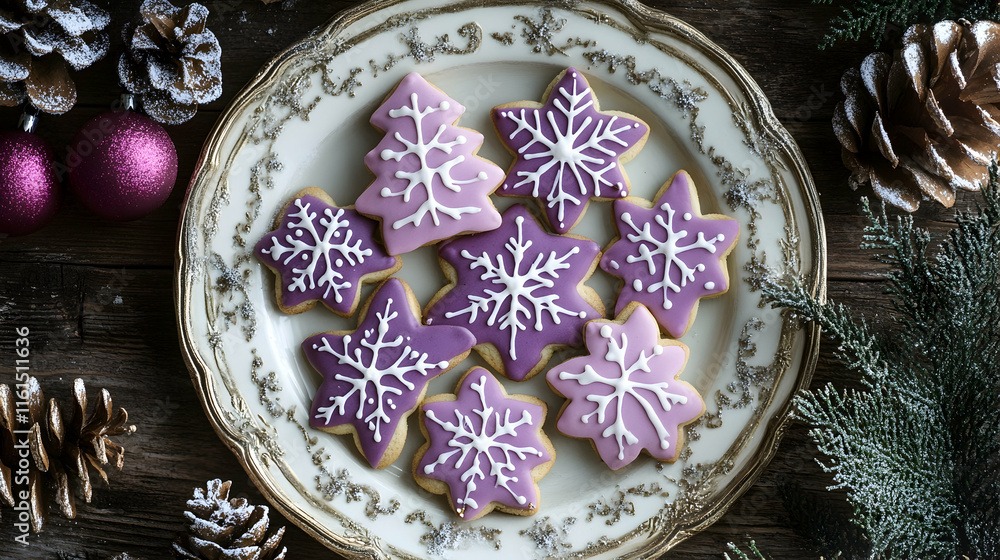 Christmas cookies iced with colors fading from soft lavender to deep plum, delicately arranged on a vintage plate Christmas cookies iced with colors fading from soft lavender to deep plum, delicately arranged on a vintage plate