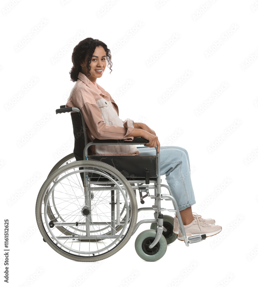 Smiling woman in wheelchair on white background Smiling woman in wheelchair on white background