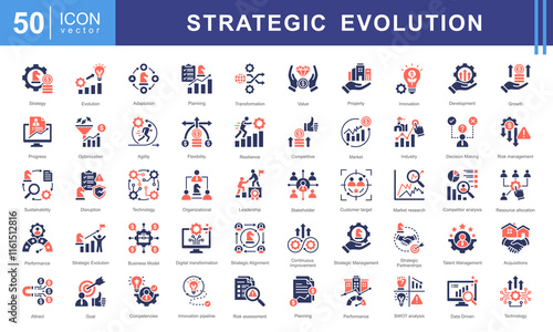 Strategy Evolution icon collection set. Containing growth, transformation, adaptation, change, progress, development, innovation icon. Simple vector illustration.