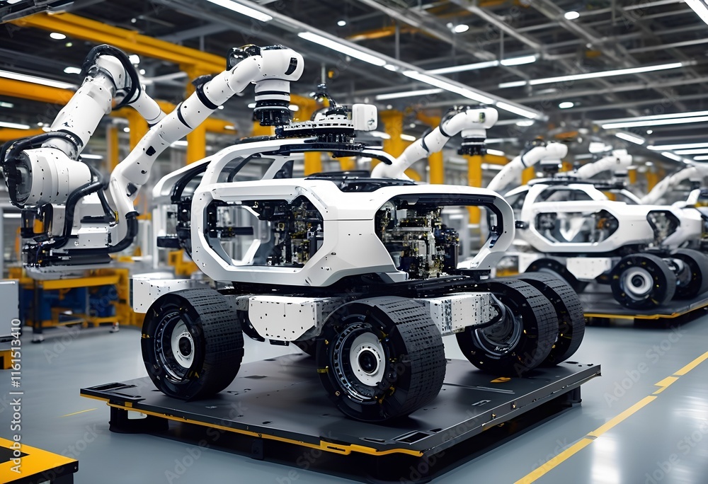 Fototapeta premium Robotic assembly line producing electric vehicles in a modern manufacturing facility during daylight