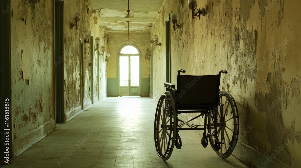 Empty wheelchair resting silently on a nostalgic hospital corridor, evoking thoughts of healing, resilience, and the passage of time in a place of care and recovery. Empty wheelchair resting silently on a nostalgic hospital corridor, evoking thoughts of healing, resilience, and the passage of time in a place of care and recovery.
