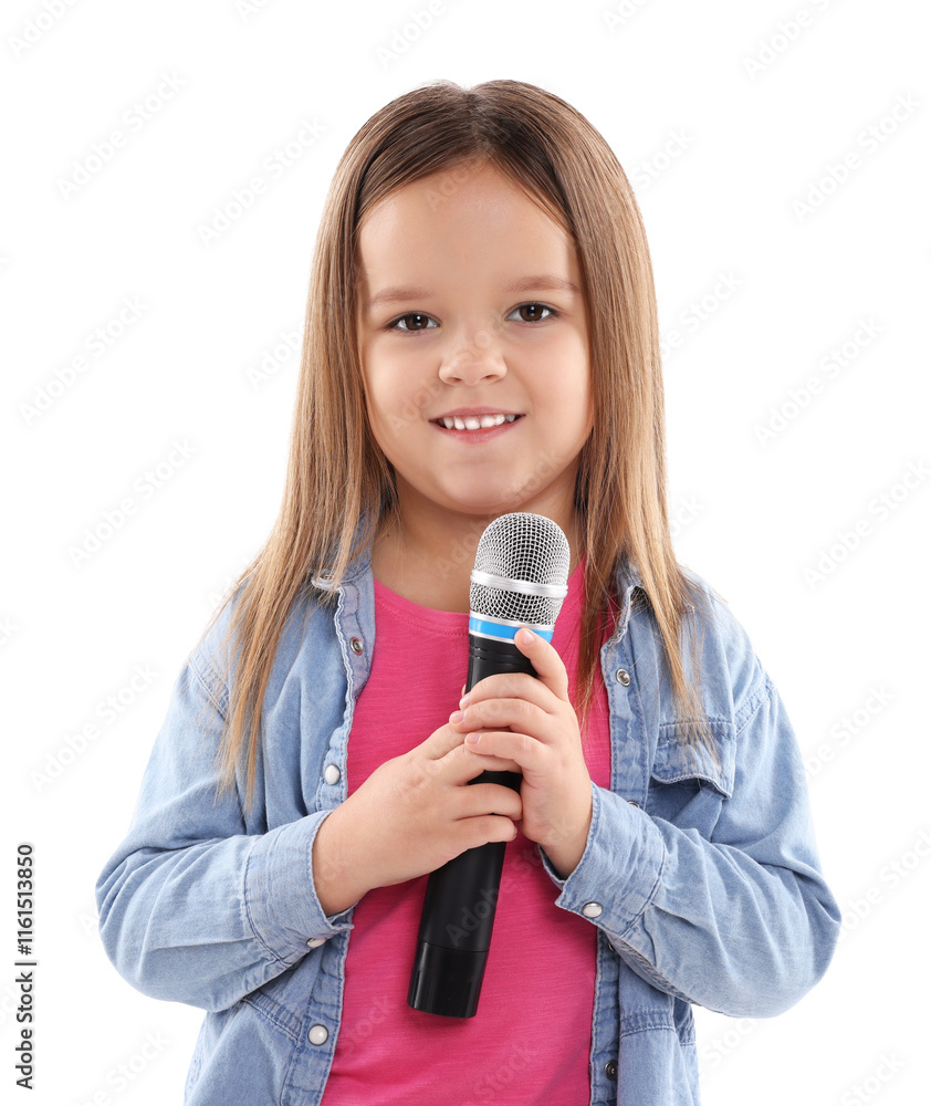 Smiling girl with microphone on white background Smiling girl with microphone on white background