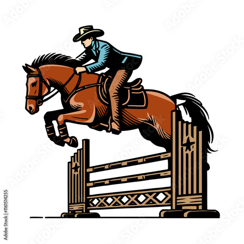 An equestrian rider on a jumping horse, clearing a fence in mid-air