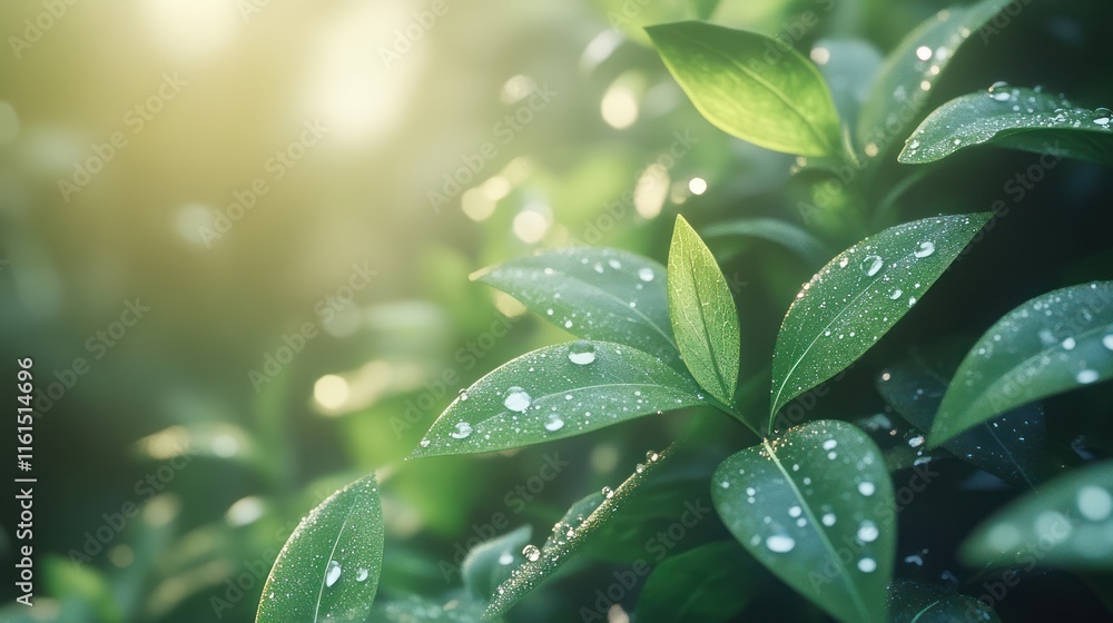 Dew drops on lush green leaves at sunrise. Dew drops on lush green leaves at sunrise.