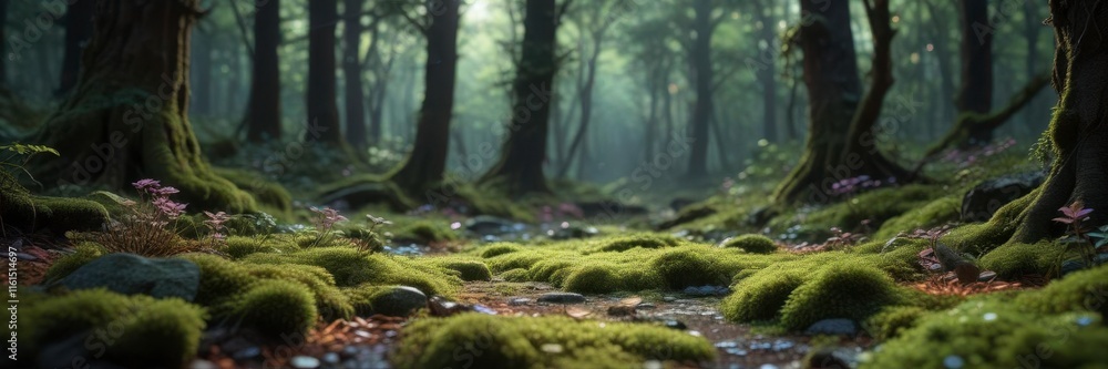 Glowing forest floor covered in iridescent, holographic moss, fantasy, holographic Glowing forest floor covered in iridescent, holographic moss, fantasy, holographic