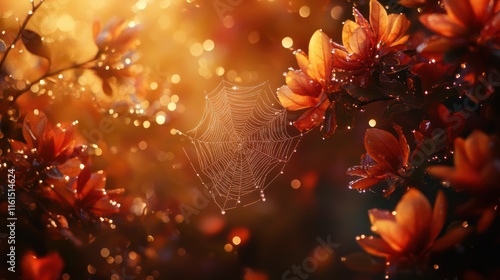 Dew-kissed spiderweb among blooming magnolia flowers at sunrise.