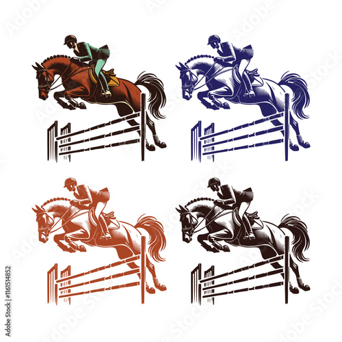An equestrian rider on a jumping horse, clearing a fence in mid-air