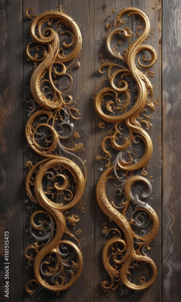 Intricate calligraphic swirls in gold and silver on a distressed wooden background , abstract, swirling patterns Intricate calligraphic swirls in gold and silver on a distressed wooden background , abstract, swirling patterns