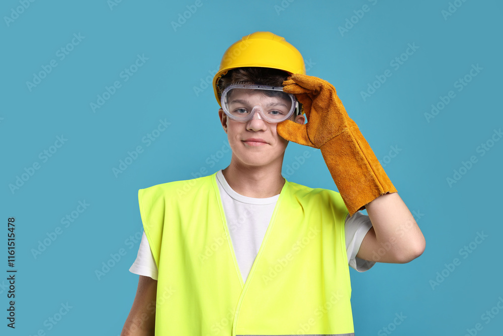 Teenage boy in hardhat, protective mask and safety vest working as builder on blue background Teenage boy in hardhat, protective mask and safety vest working as builder on blue background
