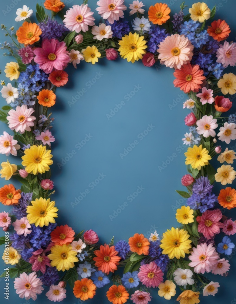 Colorful spring flowers arranged in a beautiful frame on a blue background with empty space , home decor, spring flowers Colorful spring flowers arranged in a beautiful frame on a blue background with empty space , home decor, spring flowers