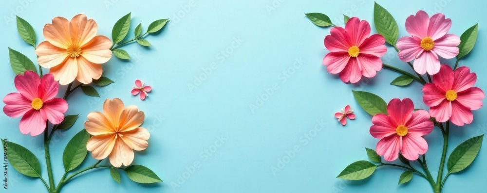 Obraz premium Colourful handmade paper flowers on light blue background with copyspace in the center, handmade paper, decorative elements, floral arrangement