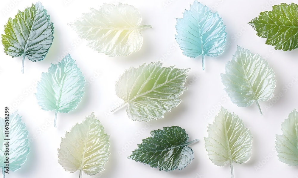 Fototapeta premium Pastel glass leaf decor on white background.