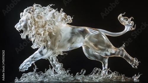 A majestic, translucent lion sculpture, dynamically posed mid-stride, with flowing mane and base.