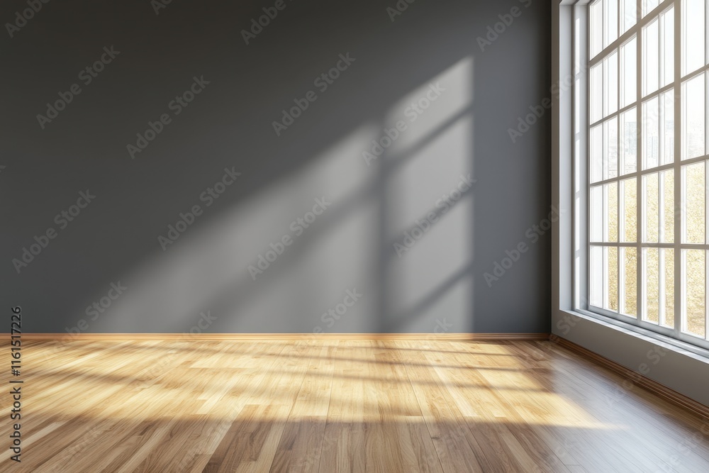 A large room with a window and a wall. The wall is painted gray. The floor is made of wood A large room with a window and a wall. The wall is painted gray. The floor is made of wood