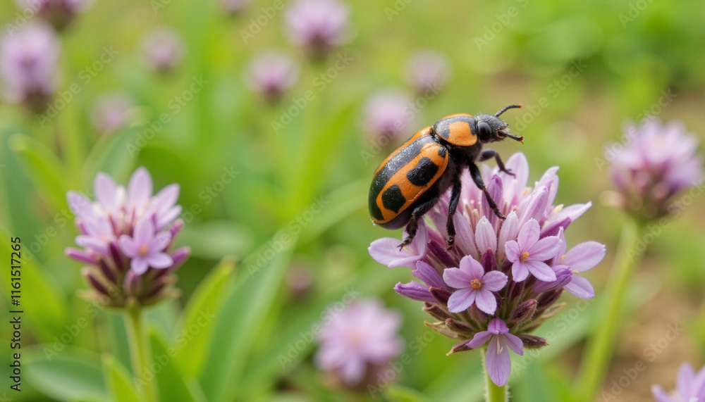 Beetle perched on purple flower in a green garden Beetle perched on purple flower in a green garden
