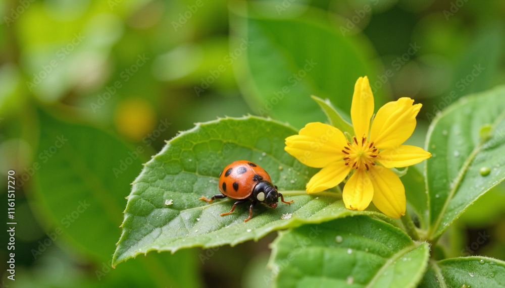 Ladybug on green leaf next to yellow flower Ladybug on green leaf next to yellow flower