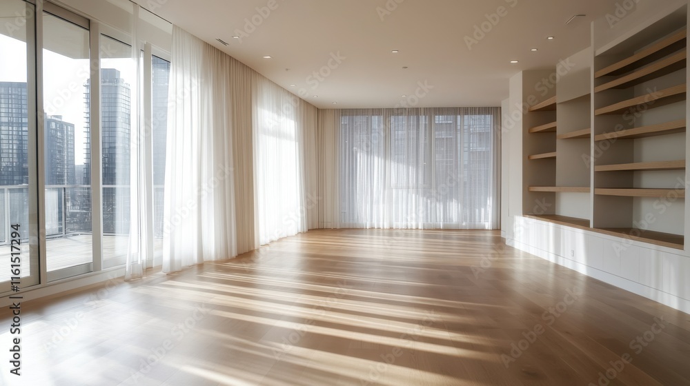 Fototapeta premium A large open room with white curtains and wooden floors. There is a window with a view of the city