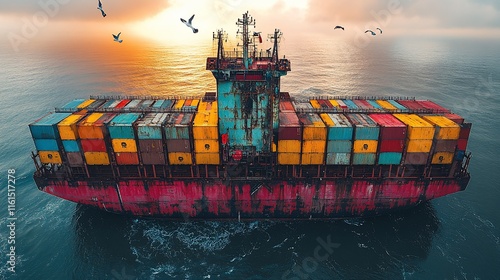 Cargo ship at sunset, loaded with colorful containers. photo