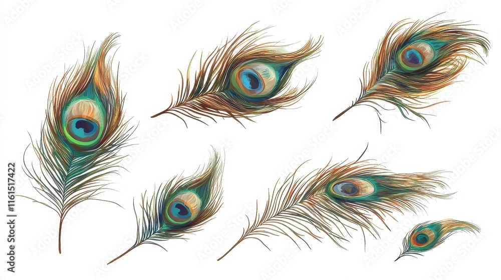 Obraz premium Peacock feathers on a white backdrop