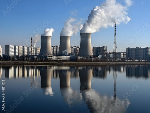 Photograph of a Power Plant on the River with White and Gray

 photo