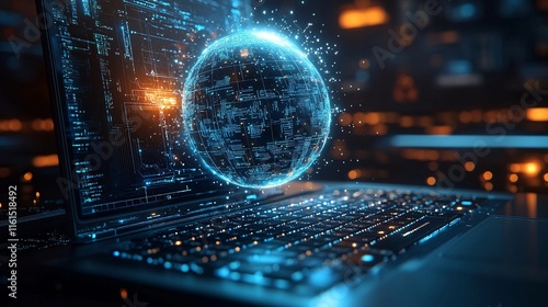 Global Connectivity Concept: Laptop Keyboard with Digital Globe and Circuit Patterns on Dark Tech Background
