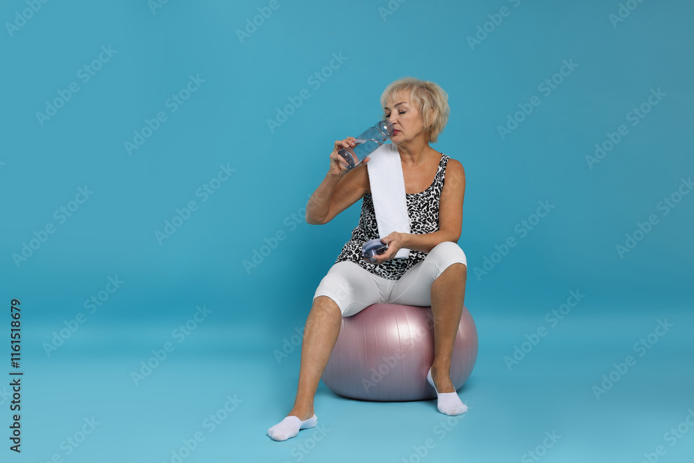 Senior woman with fitness ball, towel and water on light blue background Senior woman with fitness ball, towel and water on light blue background