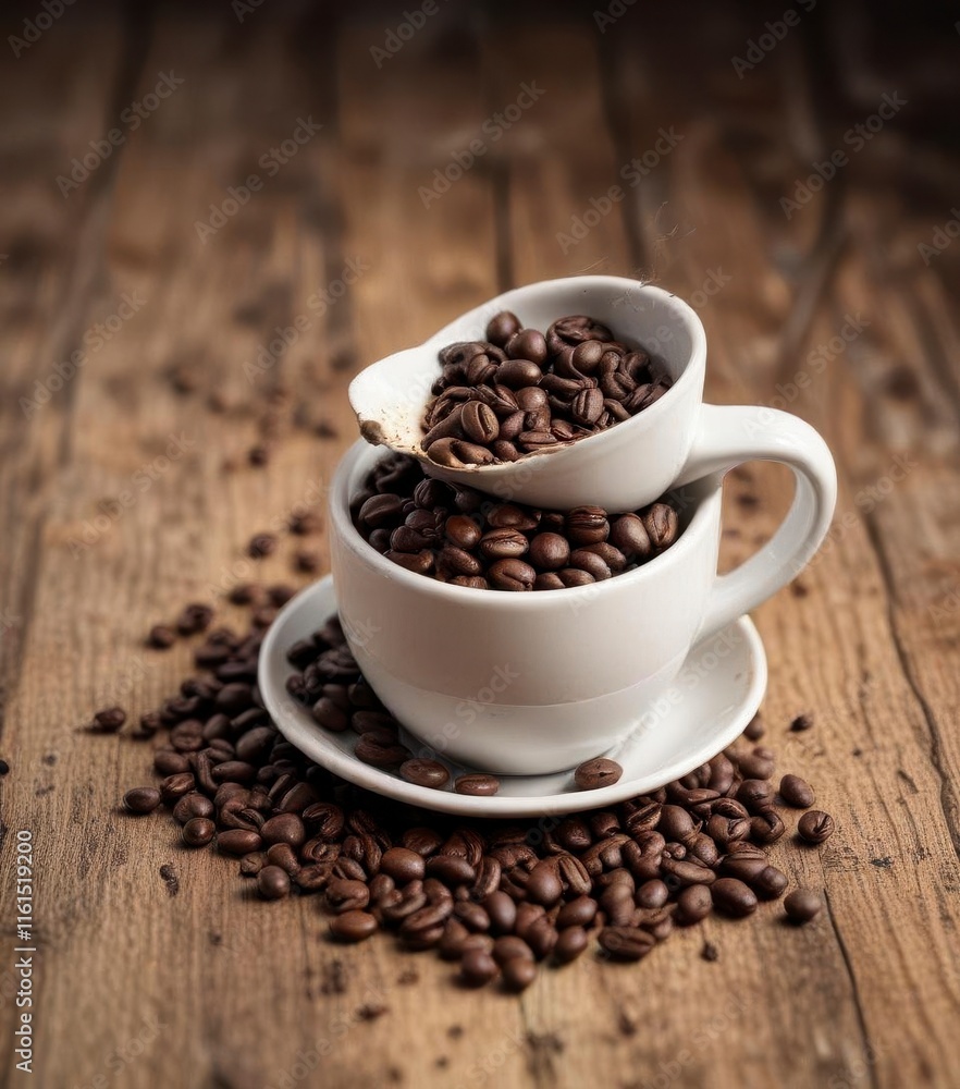 Coffee beans spilling out of a worn-out espresso cup onto an antique wooden surface, antique, wood Coffee beans spilling out of a worn-out espresso cup onto an antique wooden surface, antique, wood
