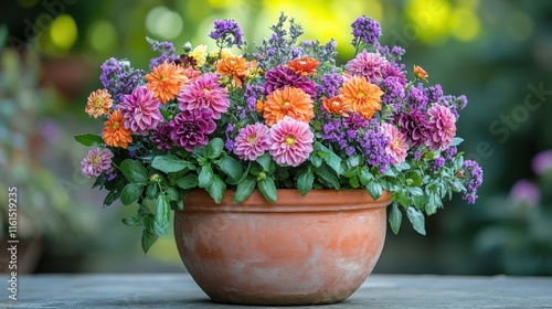 Rustic flower arrangement in terracotta pot outdoors.