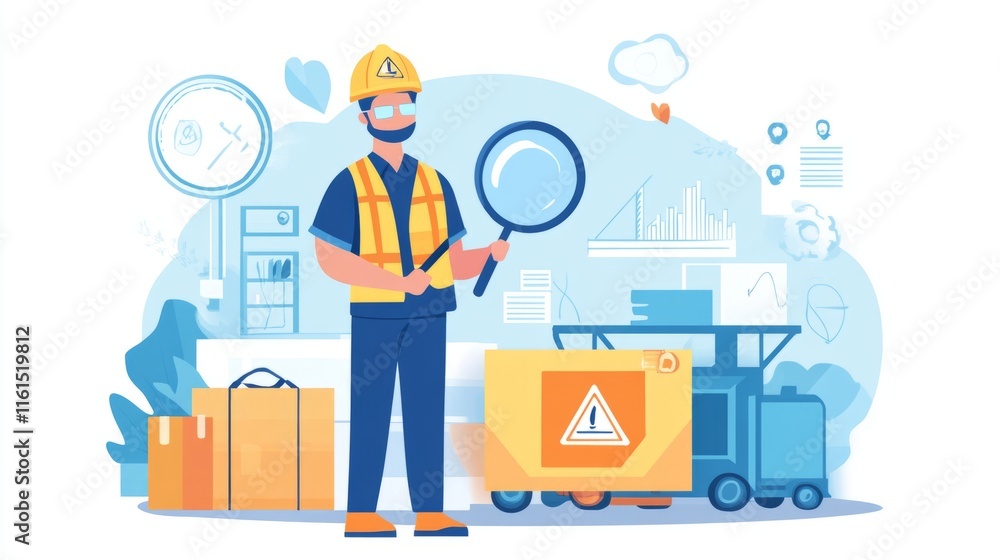 Work safety and compliance concepts. Merchants hold magnifying glasses with ICONS of safety, compliance, risk management and operational efficiency, emphasizing the importance of safety standards. Work safety and compliance concepts. Merchants hold magnifying glasses with ICONS of safety, compliance, risk management and operational efficiency, emphasizing the importance of safety standards.