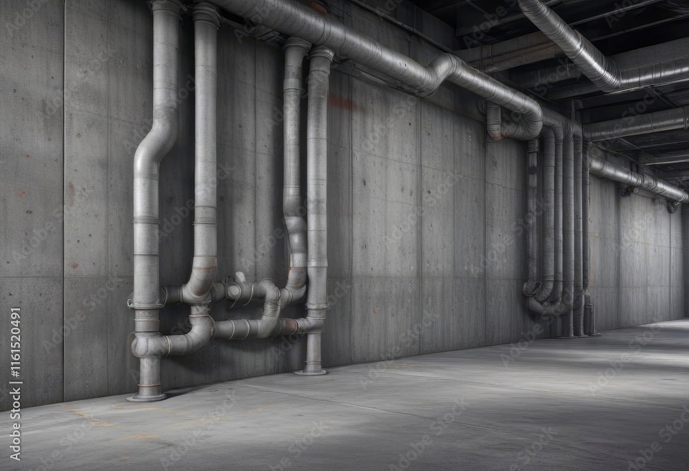 Cold grey concrete wall with exposed ducts and pipes , grey, ducts Cold grey concrete wall with exposed ducts and pipes , grey, ducts
