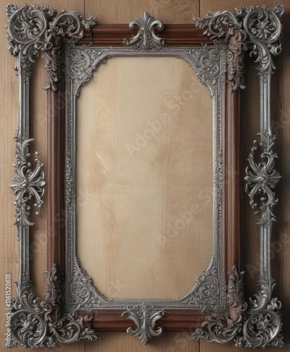 delicate silver scroll element within a ornate wooden frame ,  pattern,  design photo