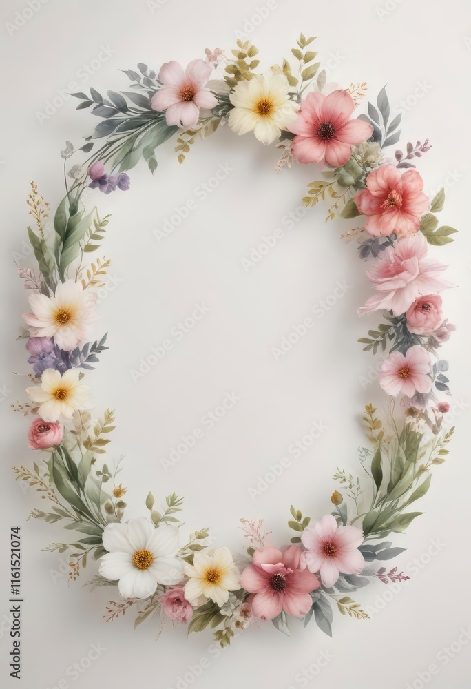 Fototapeta premium Delicate watercolor floral wreath on a soft white background, floral pattern, nature